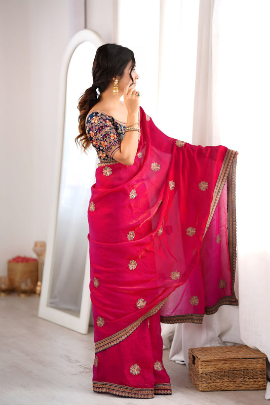 Beautiful Rani Pink Fendy Satin Sequin Embroidery Work Saree for Wedding
