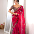 Beautiful Rani Pink Fendy Satin Sequin Embroidery Work Saree for Wedding
