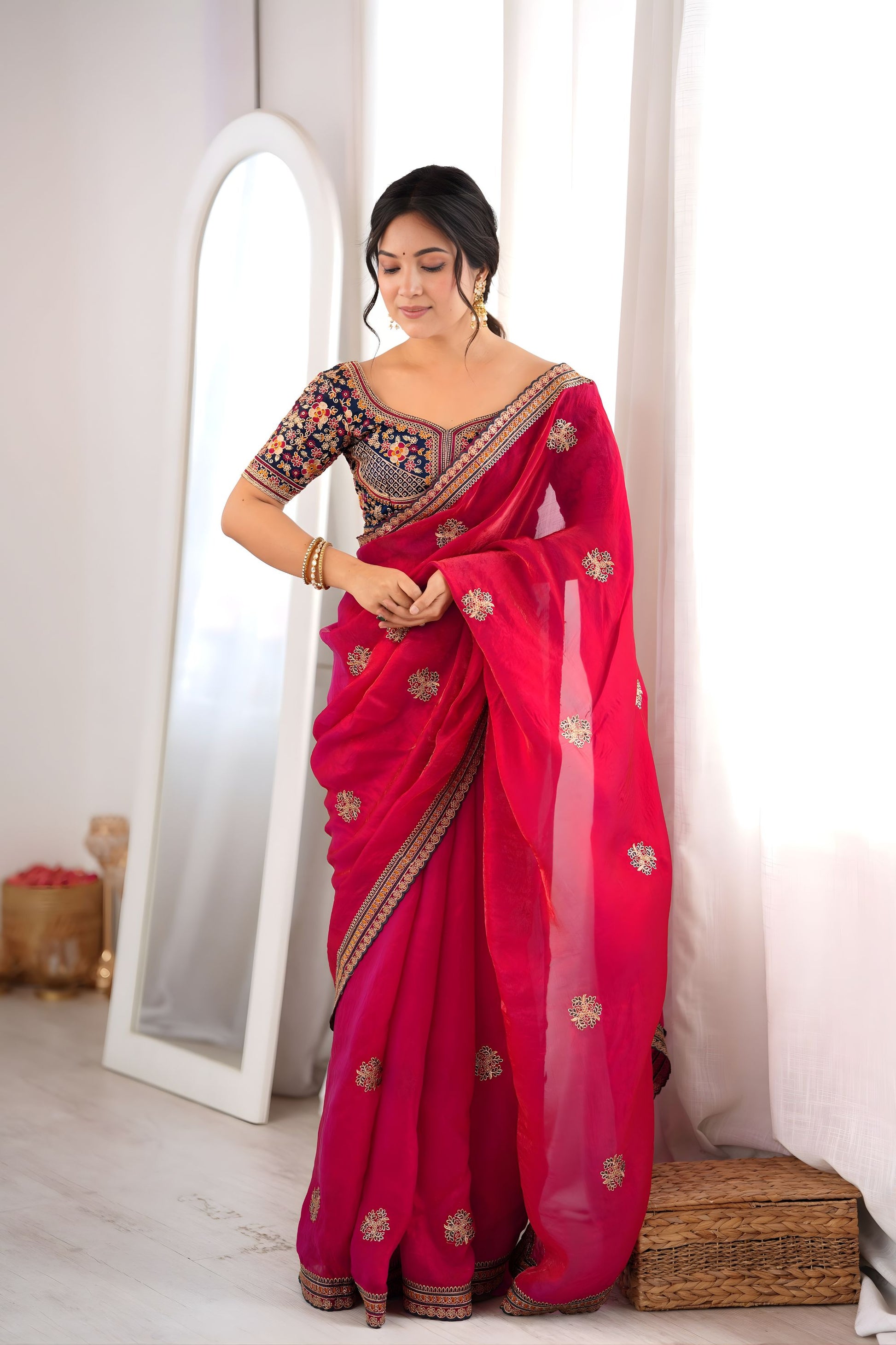 Beautiful Rani Pink Fendy Satin Sequin Embroidery Work Saree for Wedding