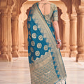 Luxury Teal Blue Viscose Silk Weaving Jari Saree for Wedding