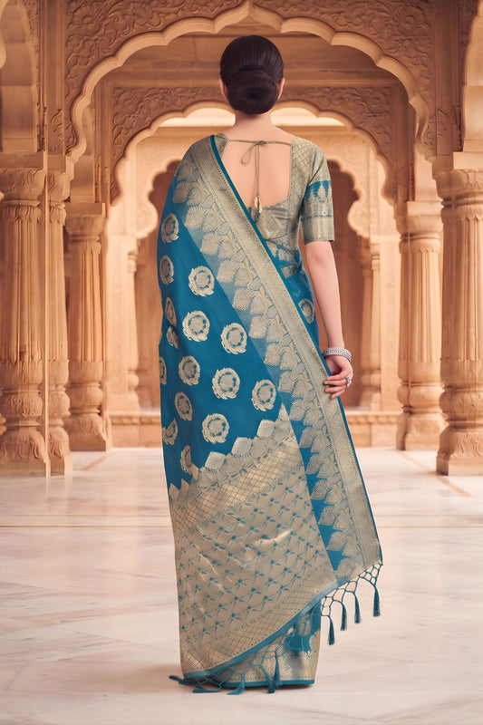 Luxury Teal Blue Viscose Silk Weaving Jari Saree for Wedding