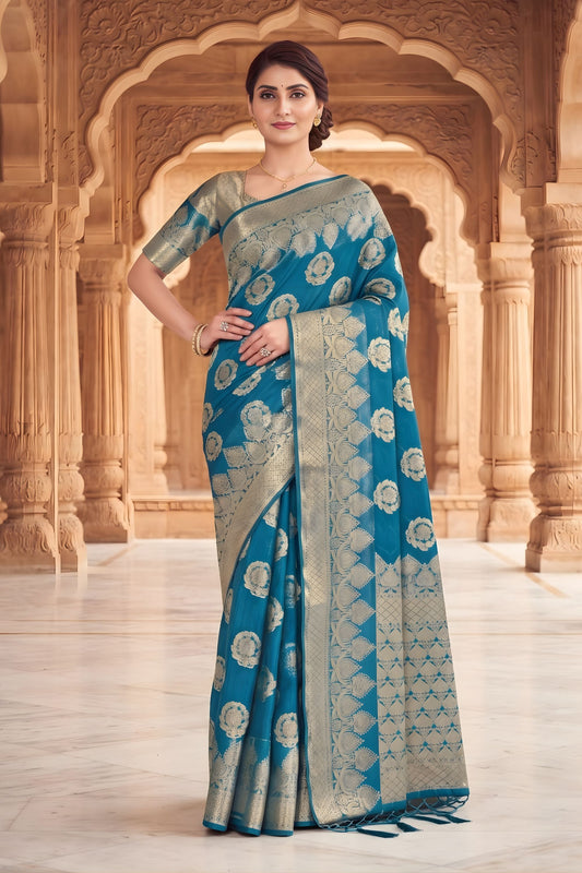 Luxury Teal Blue Viscose Silk Weaving Jari Saree for Wedding
