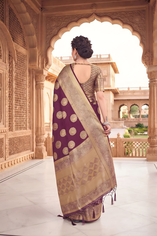 Beautiful Wine Viscose Silk Weaving Jari Saree for Wedding