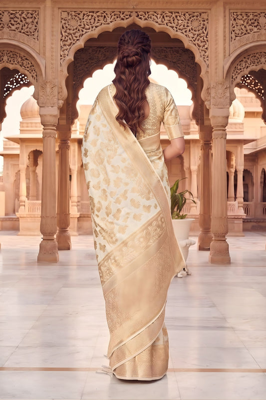 Premium Off White Viscose Silk Weaving Jari Saree for Wedding