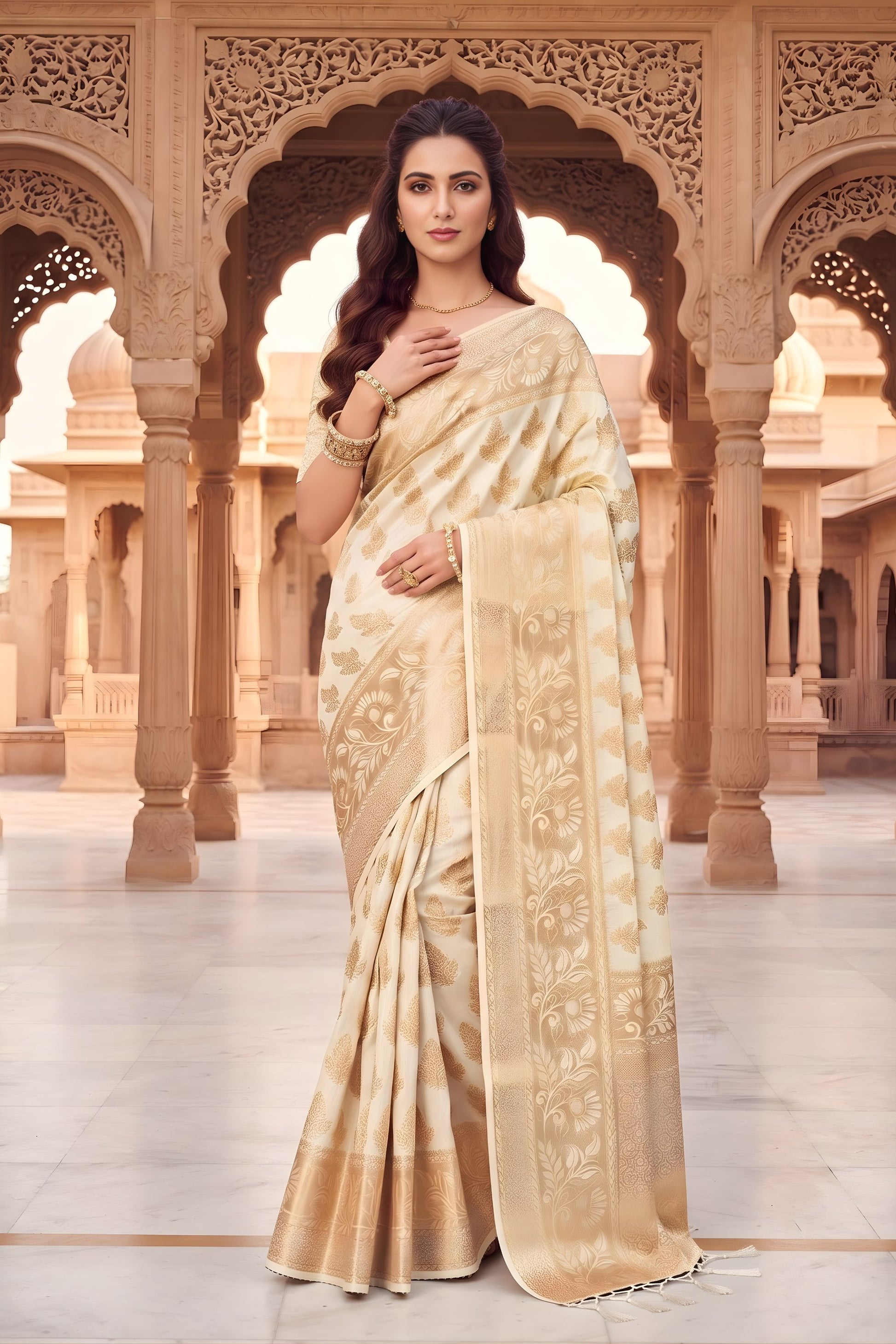 Premium Off White Viscose Silk Weaving Jari Saree for Wedding