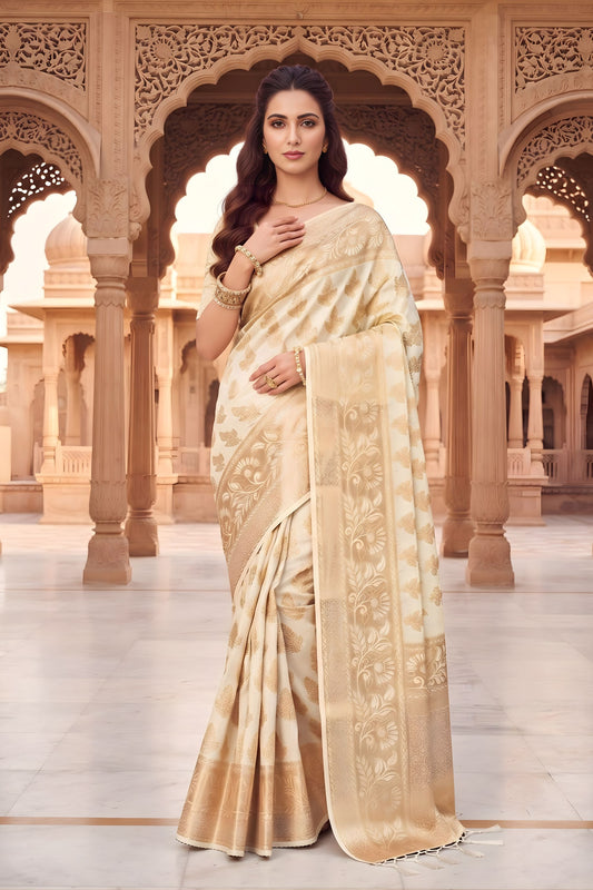 Premium Off White Viscose Silk Weaving Jari Saree for Wedding
