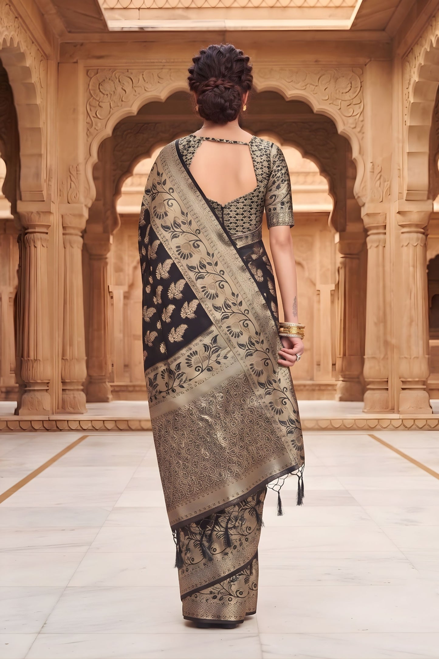 Exclusive Black Viscose Silk Weaving Jari Saree for Wedding