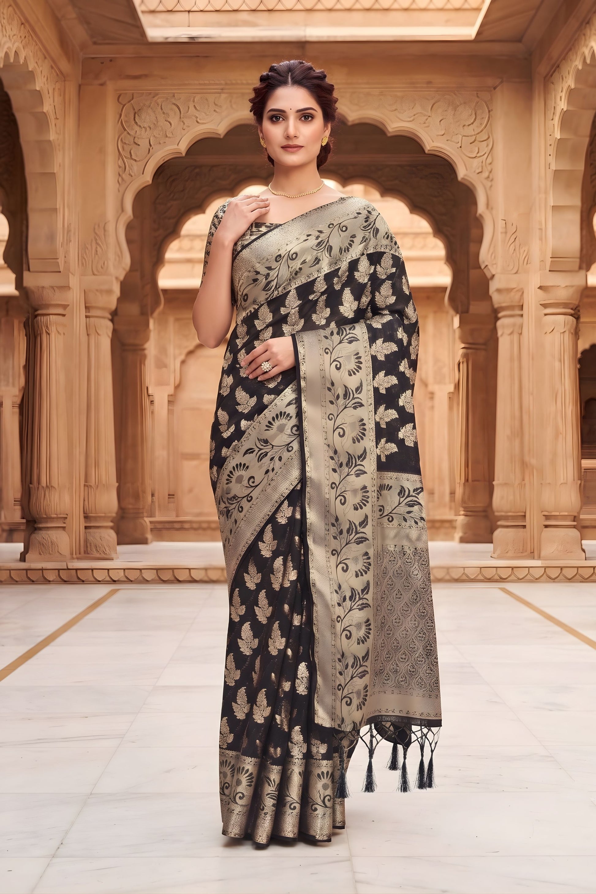 Exclusive Black Viscose Silk Weaving Jari Saree for Wedding