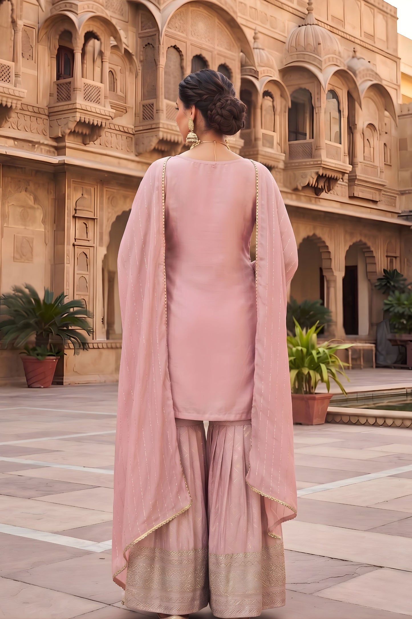 Elegant Baby Pink Viscose Designer Embroidery Work Palazzo Suit