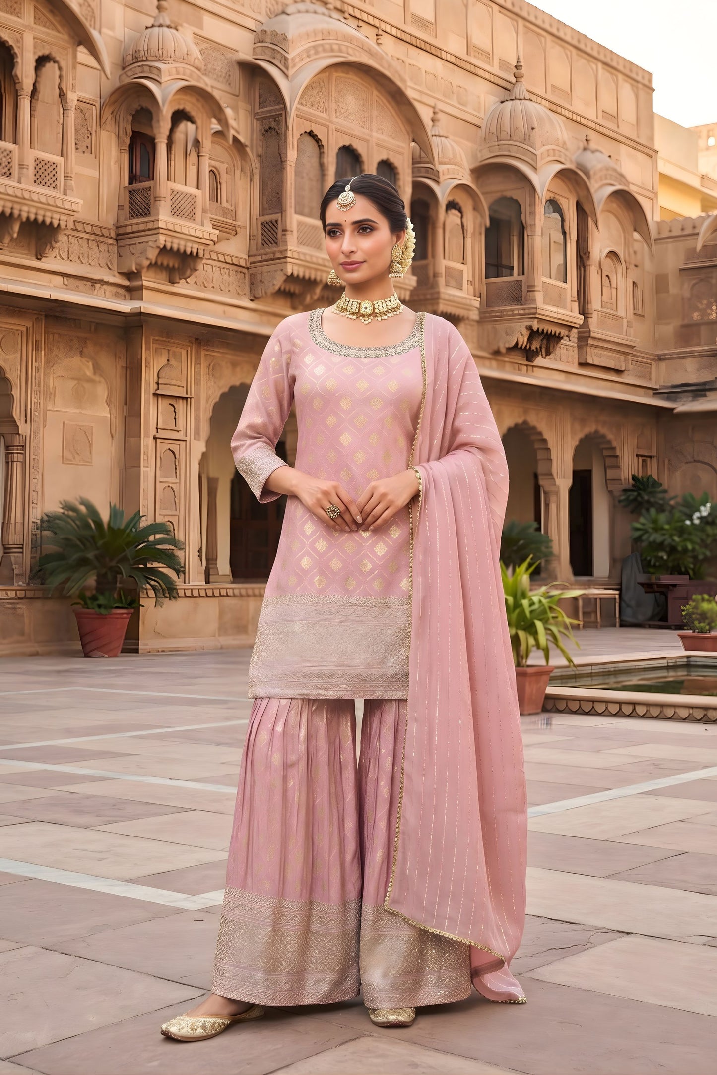Elegant Baby Pink Viscose Designer Embroidery Work Palazzo Suit