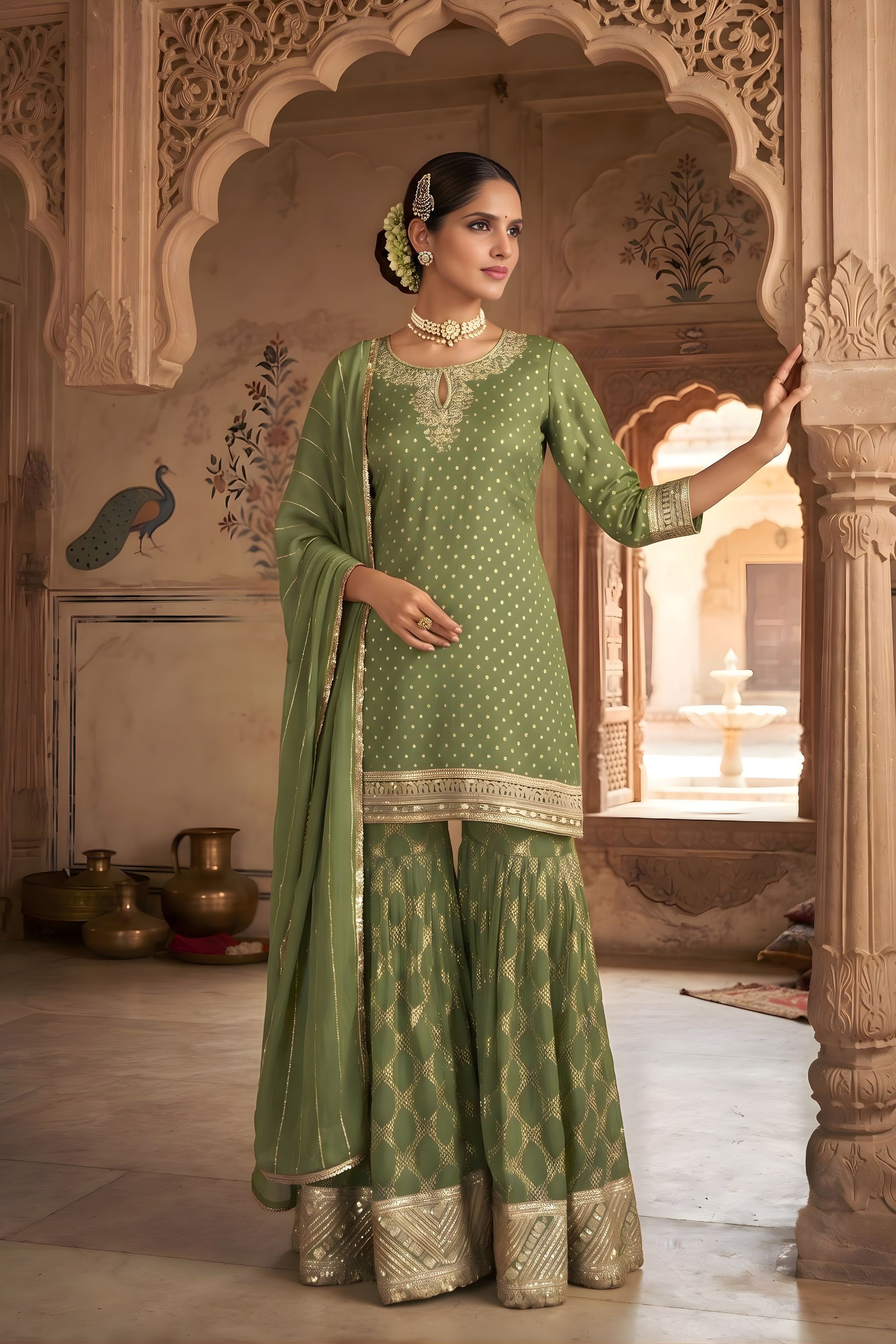 Gracefull Olive Green Viscose Designer Embroidery Work Palazzo Suit