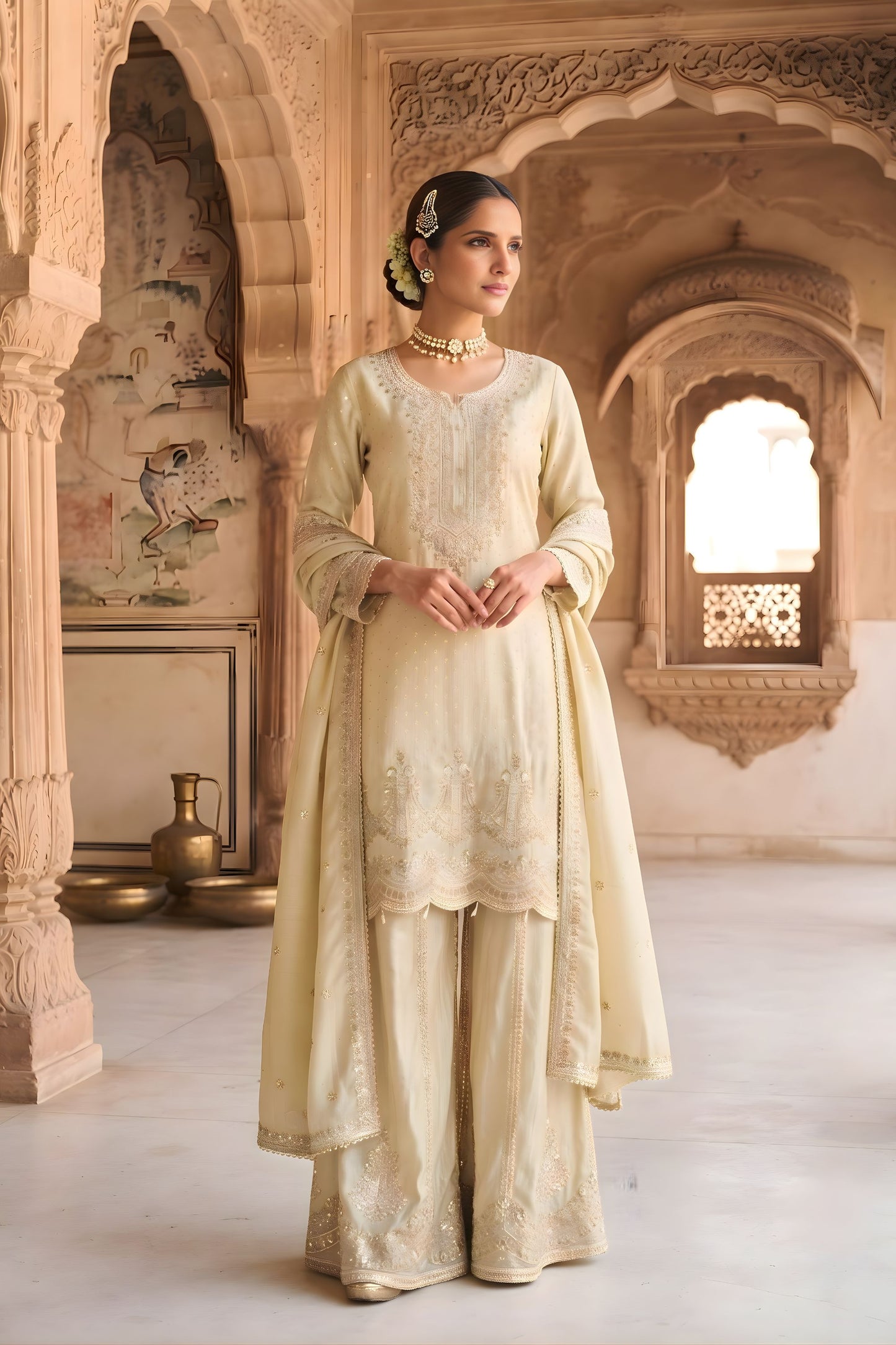 Beautiful Cream Viscose Designer Embroidery Work Palazzo Suit