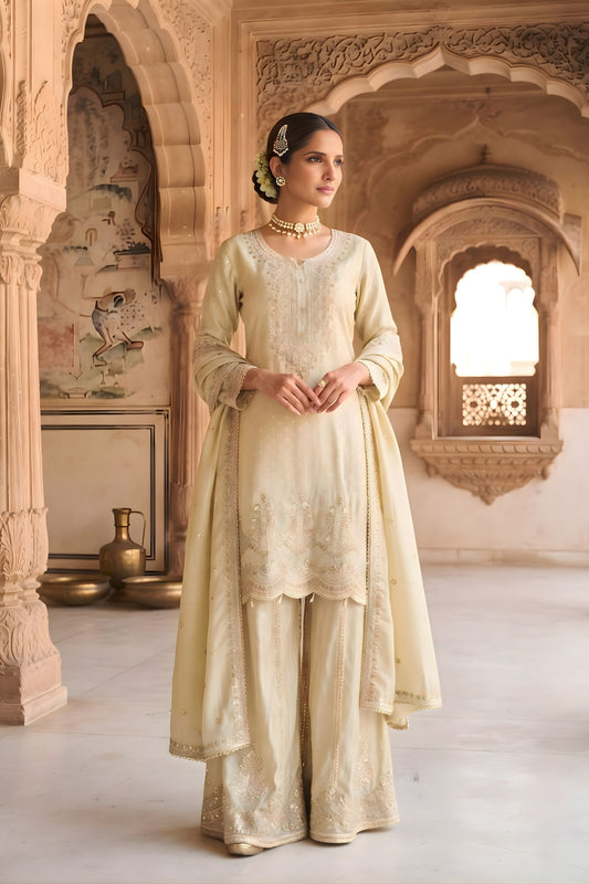 Beautiful Cream Viscose Designer Embroidery Work Palazzo Suit