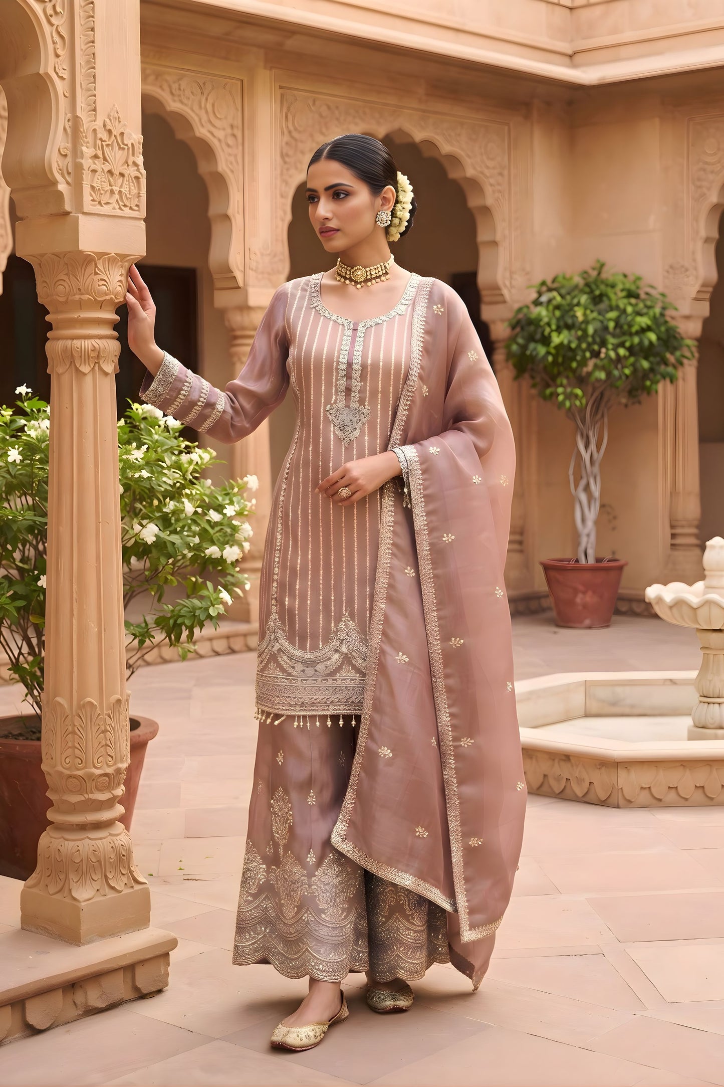 Elegant Mauve Viscose Designer Embroidery Work Palazzo Suit