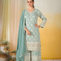 Royal Sky Blue Georgette Heavy Embroidery Work Palazzo Suit Dupatta for Women