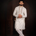 Stylish Off White Cotton Designer Kurta Pyjama Set for Men with Jacquard Work