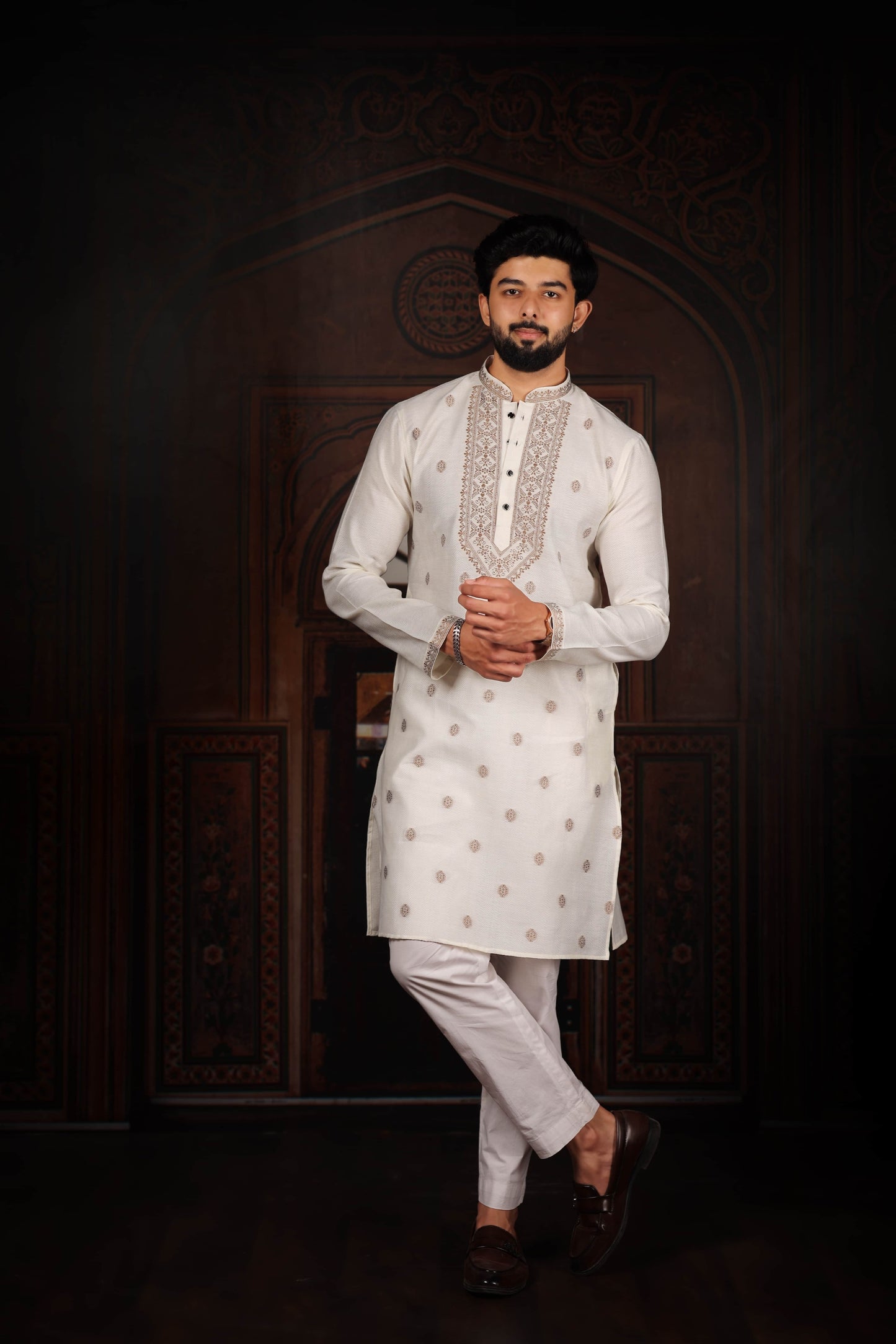 Stylish Off White Cotton Designer Kurta Pyjama Set for Men with Jacquard Work