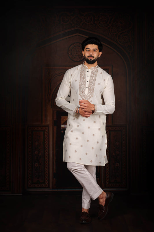 Stylish Off White Cotton Designer Kurta Pyjama Set for Men with Jacquard Work