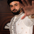 Stylish Off White Cotton Designer Kurta Pyjama Set for Men with Jacquard Work