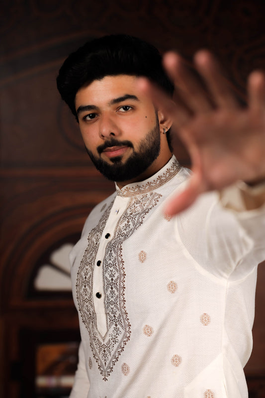 Stylish Off White Cotton Designer Kurta Pyjama Set for Men with Jacquard Work