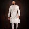 Stylish Off White Cotton Designer Kurta Pyjama Set for Men with Jacquard Work