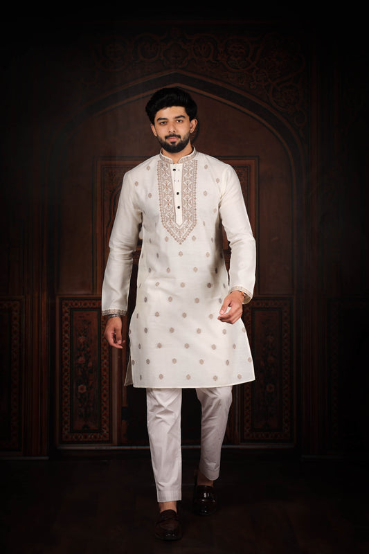 Stylish Off White Cotton Designer Kurta Pyjama Set for Men with Jacquard Work