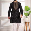 Stunning Black Cotton Designer Kurta Pyjama Set for Men with Jacquard Work