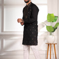 Stunning Black Cotton Designer Kurta Pyjama Set for Men with Jacquard Work