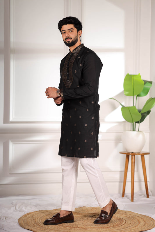 Stunning Black Cotton Designer Kurta Pyjama Set for Men with Jacquard Work