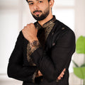 Stunning Black Cotton Designer Kurta Pyjama Set for Men with Jacquard Work