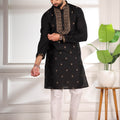 Stunning Black Cotton Designer Kurta Pyjama Set for Men with Jacquard Work
