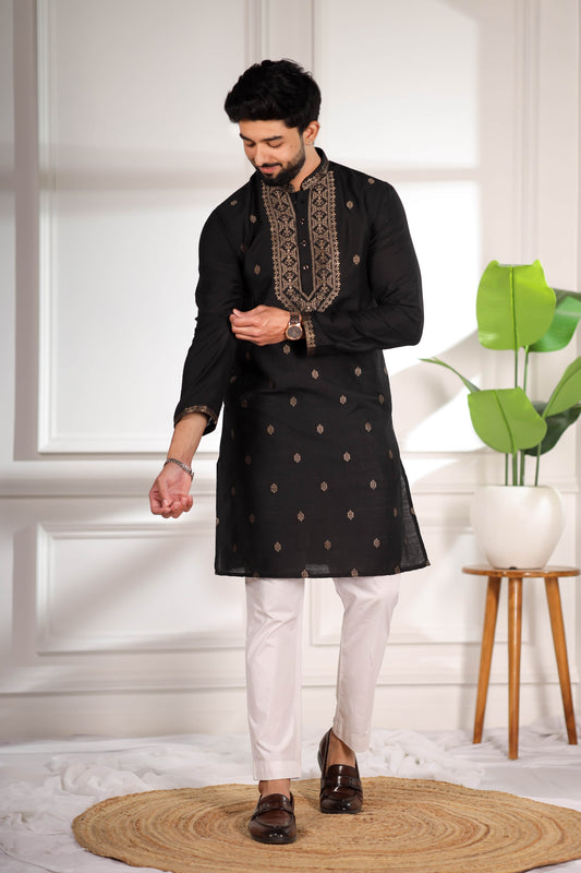 Stunning Black Cotton Designer Kurta Pyjama Set for Men with Jacquard Work