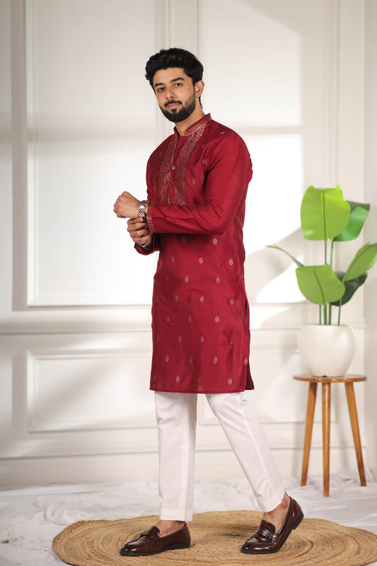 Adorable Maroon Cotton Designer Kurta Pyjama Set for Men with Jacquard Work