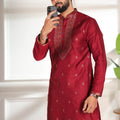 Adorable Maroon Cotton Designer Kurta Pyjama Set for Men with Jacquard Work