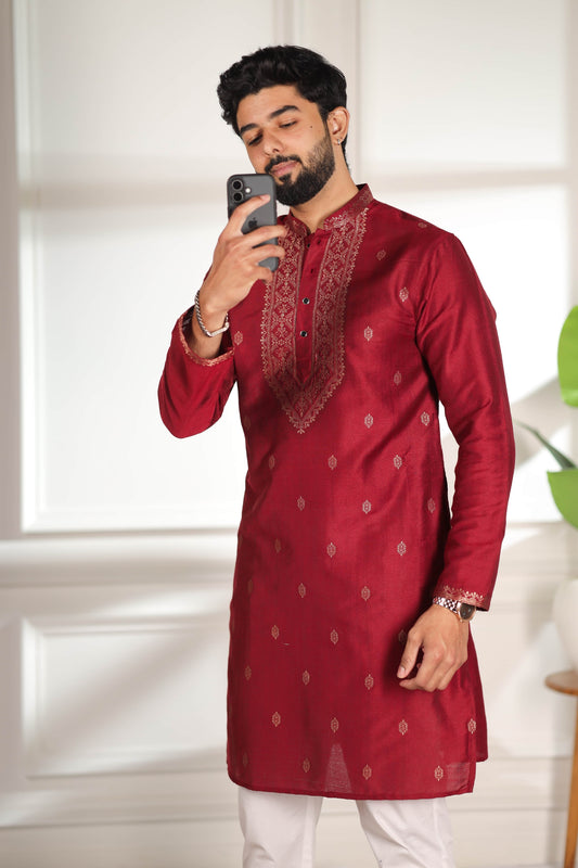 Adorable Maroon Cotton Designer Kurta Pyjama Set for Men with Jacquard Work