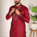 Adorable Maroon Cotton Designer Kurta Pyjama Set for Men with Jacquard Work