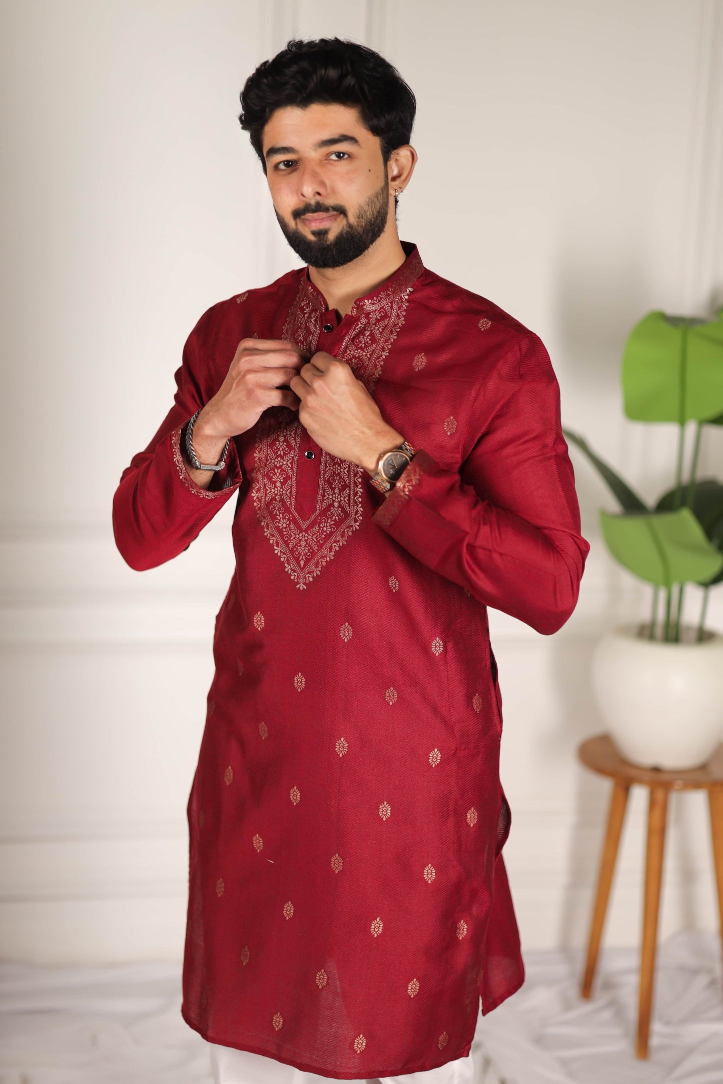 Adorable Maroon Cotton Designer Kurta Pyjama Set for Men with Jacquard Work