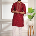 Adorable Maroon Cotton Designer Kurta Pyjama Set for Men with Jacquard Work