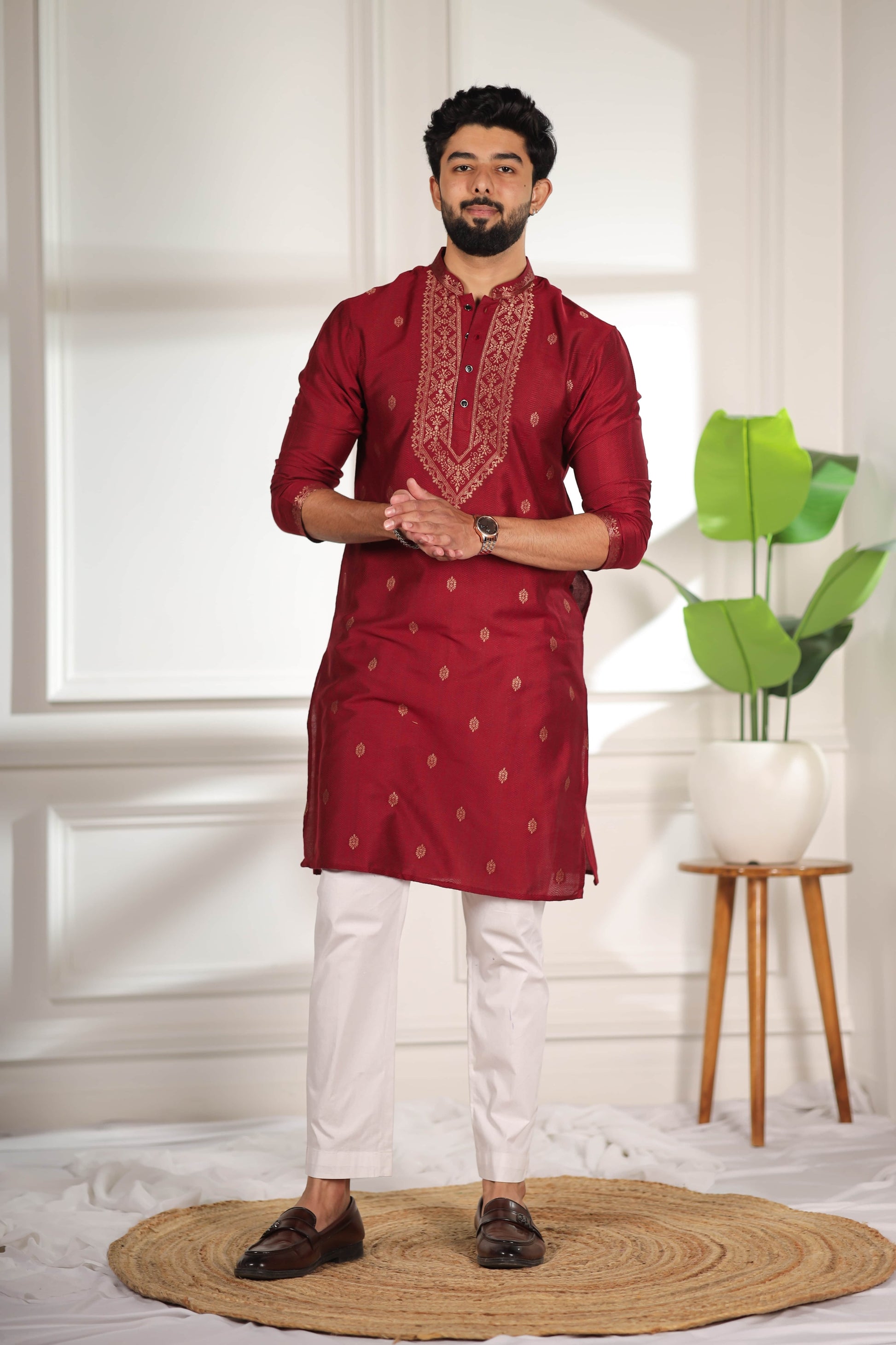 Adorable Maroon Cotton Designer Kurta Pyjama Set for Men with Jacquard Work