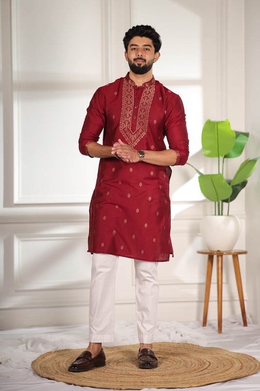 Adorable Maroon Cotton Designer Kurta Pyjama Set for Men with Jacquard Work
