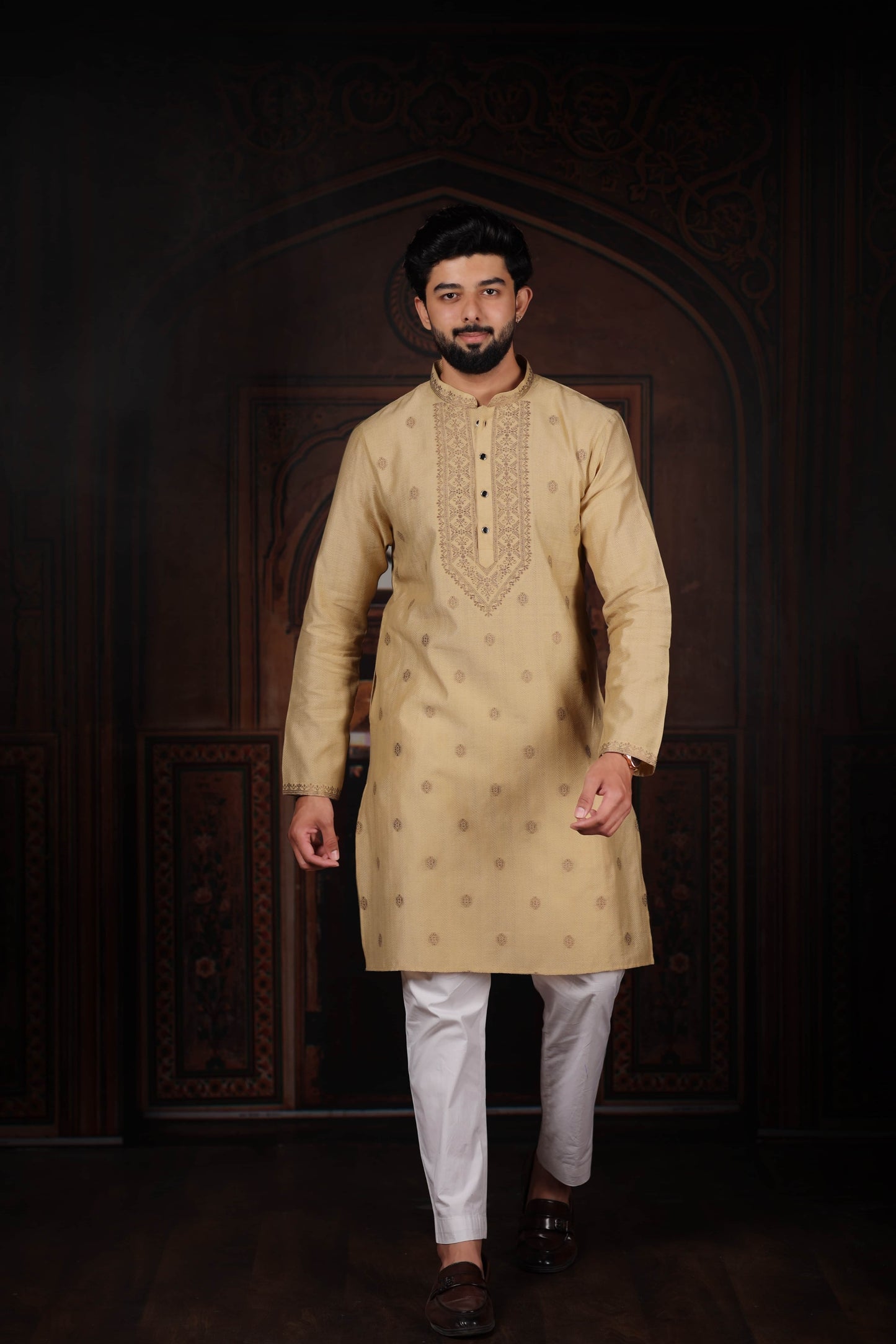 Elegant Beige Cotton Designer Kurta Pyjama Set for Men with Jacquard Work
