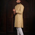 Elegant Beige Cotton Designer Kurta Pyjama Set for Men with Jacquard Work