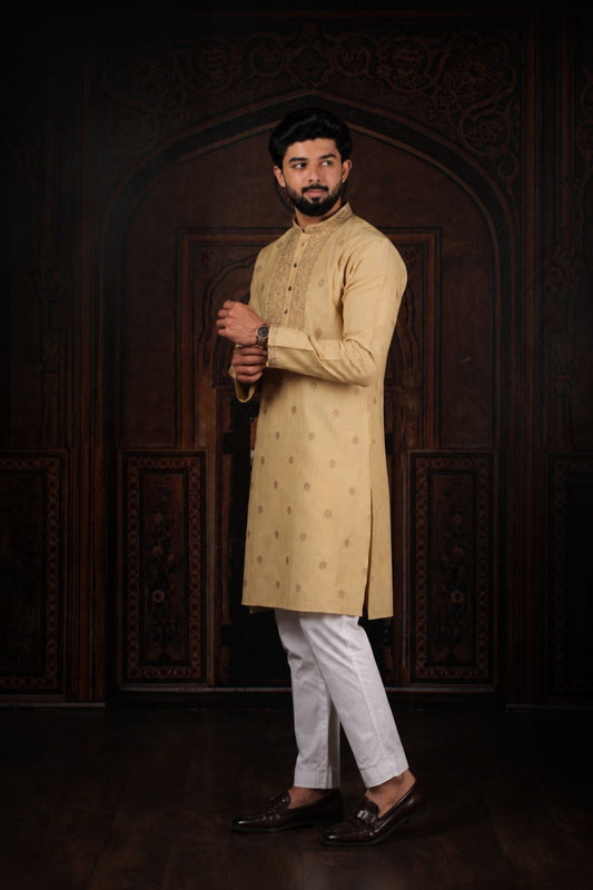 Elegant Beige Cotton Designer Kurta Pyjama Set for Men with Jacquard Work