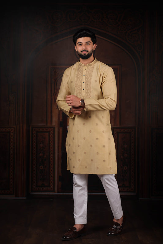 Elegant Beige Cotton Designer Kurta Pyjama Set for Men with Jacquard Work