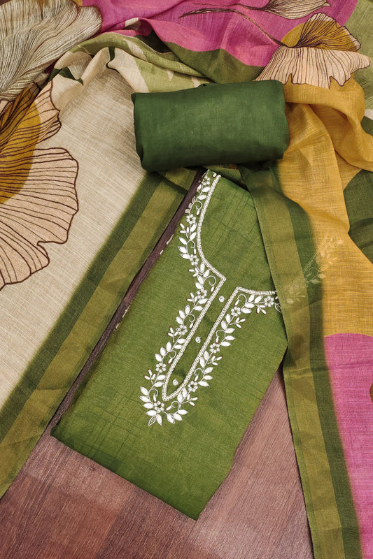 Gracefull Olive Green Cotton Linen Simmer Printed Kurta Pant Set for Women