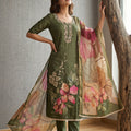 Gracefull Olive Green Cotton Linen Simmer Printed Kurta Pant Set for Women