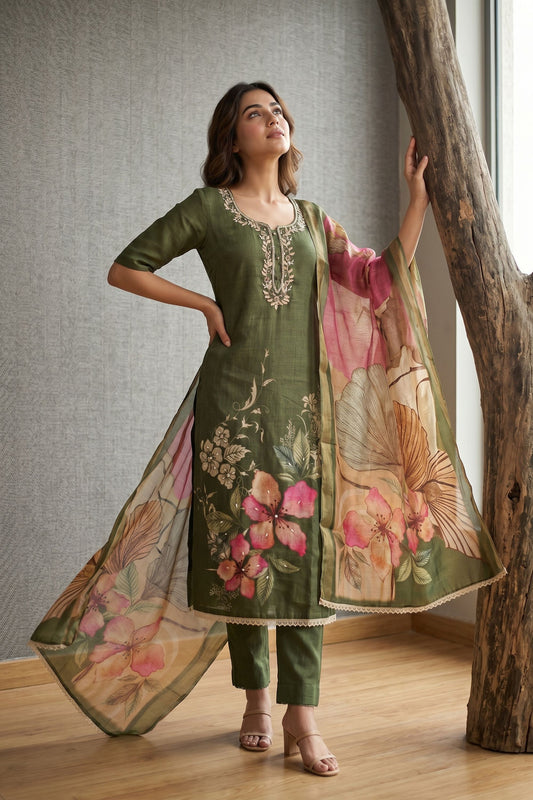 Gracefull Olive Green Cotton Linen Simmer Printed Kurta Pant Set for Women