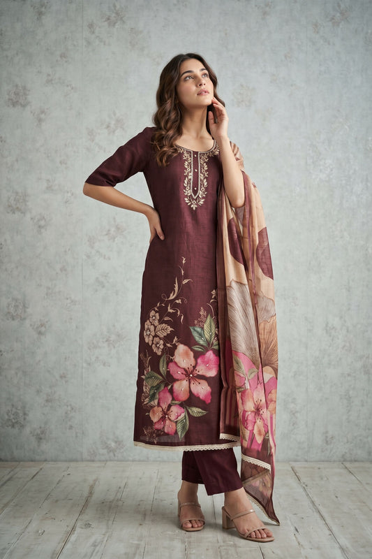 Premium Maroon Cotton Linen Simmer Hand Work for Women