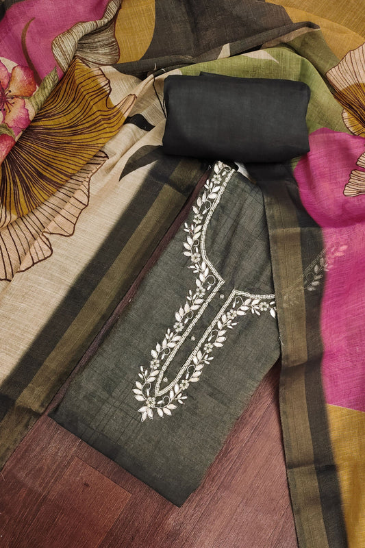 Stylish Black Cotton Linen Simmer Hand Work for Women
