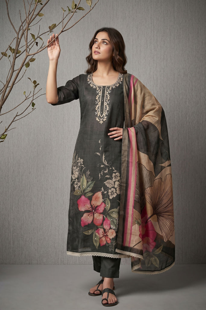 Stylish Black Cotton Linen Simmer Hand Work for Women